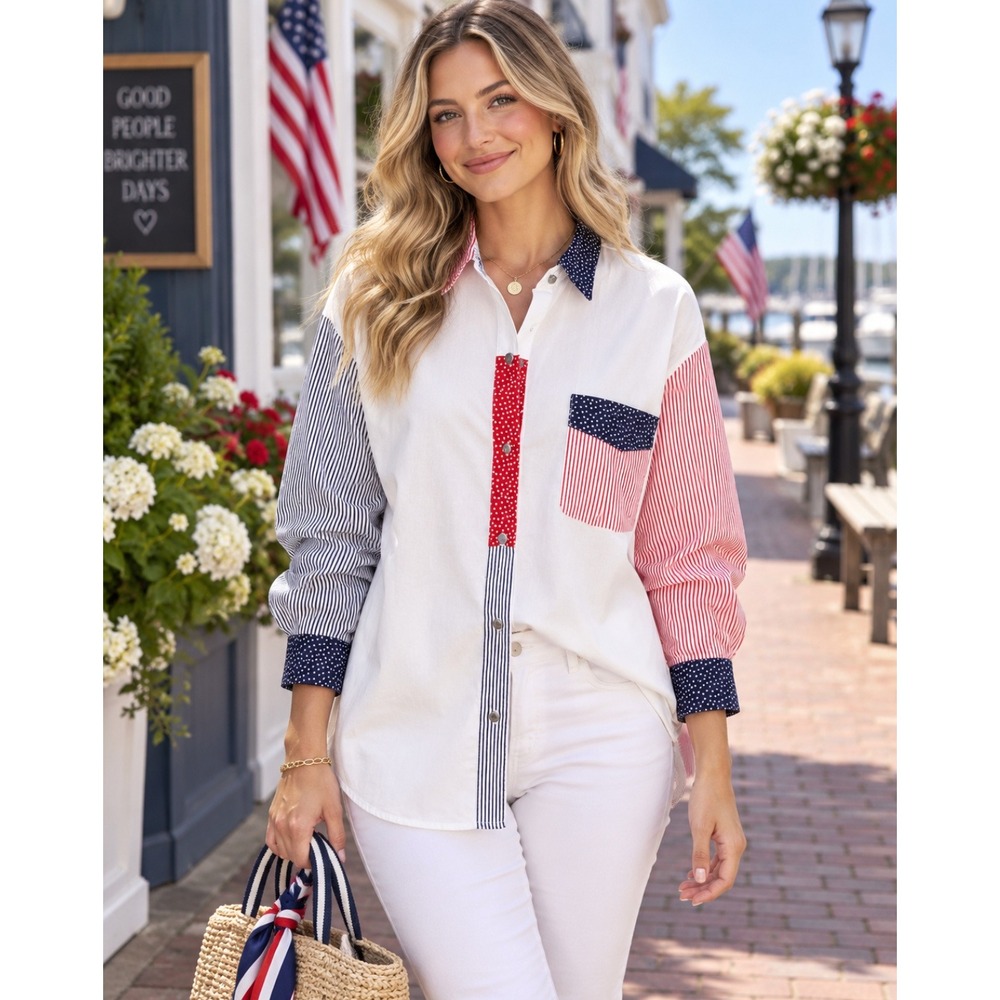 NWT!! BILL BLASS Woman Stars Stripes Patchwork Button Down Shirt Americana 2X